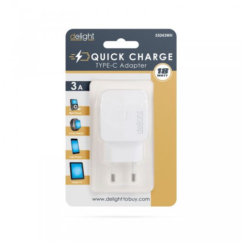 DELIGHT Hálózati Adapter Type-C PD18W gyorstöltéssel - fehér 55043WH