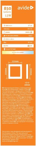 Avide (Merkur-S) Cseppálló Mennyezeti Lámpa Négyzetes IP54 12W NW 4000K Szürke ABHL54-SG-12W-NW
