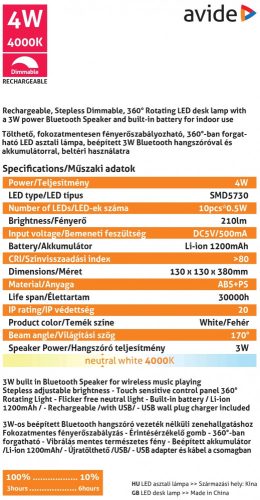 Avide LED Asztali Lámpa Bluetooth Hangszórós Fehér 4W