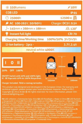 Avide LED Reflektor Akkumulátoros 10W NW 4000K ABRFLNW-10W