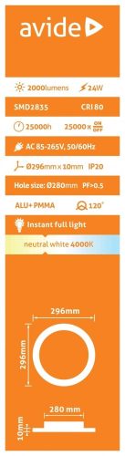 Avide LED panel Beépíthető Kerek Mennyezeti Lámpa ALU 24W NW 4000K ACRPNW-R-24W-ALU