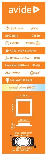 Avide LED panel Beépíthető Négyzetes Mennyezeti Lámpa ALU 6W NW 4000K