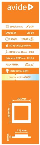 Avide LED Beépíthető Négyzetes Mennyezeti Lámpa ALU 24W NW 4000K