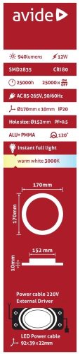 Avide LED panel Beépíthető Kerek Mennyezeti Lámpa ALU 12W WW 3000K ACRPWW-R-12W-ALU