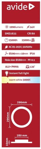 Avide LED panel Beépíthető Kerek Mennyezeti Lámpa ALU 24W WW 3000K ACRPWW-R-24W-ALU