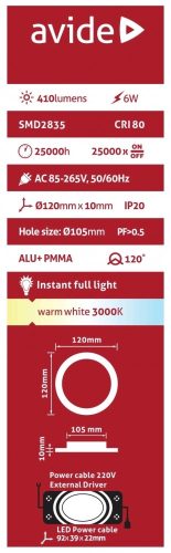 Avide LED panel Beépíthető Kerek Mennyezeti Lámpa ALU 6W WW 3000K ACRPWW-R-6W-ALU