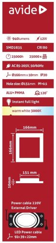 Avide LED Beépíthető Négyzetes Mennyezeti Lámpa ALU 12W WW 3000K ACRPWW-S-12W-ALU
