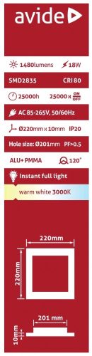 Avide LED Beépíthető Négyzetes Mennyezeti Lámpa ALU 18W WW 3000K