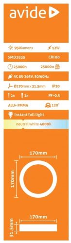 Avide LED Falra Szerelhető Kerek Mennyezeti Lámpa ALU 12W NW 4000K ACSMNW-R-12W-ALU