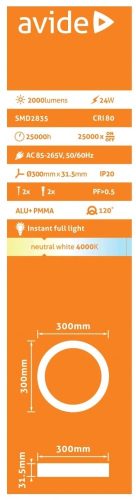 Avide LED Falra Szerelhető Kerek Mennyezeti Lámpa ALU 24W NW 4000K ACSMNW-R-24W-ALU