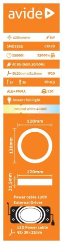 Avide LED Falra Szerelhető Kerek Mennyezeti Lámpa ALU 6W NW 4000K ACSMNW-R-6W-ALU