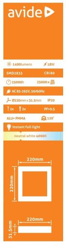 Avide LED Falra Szerelhető Négyzetes Mennyezeti Lámpa ALU 18W NW 4000K ACSMNW-S-18W-ALU