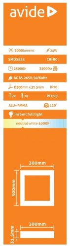 Avide LED Falra Szerelhető Négyzetes Mennyezeti Lámpa ALU 24W NW 4000K ACSMNW-S-24W-ALU