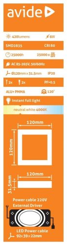 Avide LED Falra Szerelhető Négyzetes Mennyezeti Lámpa ALU 6W NW 4000K ACSMNW-S-6W-ALU