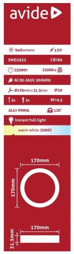 Avide LED Falra Szerelhető Kerek Mennyezeti Lámpa ALU 12W WW 3000K ACSMWW-R-12W-ALU