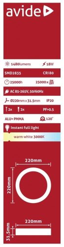 Avide LED Falra Szerelhető Kerek Mennyezeti Lámpa ALU 18W WW 3000K ACSMWW-R-18W-ALU