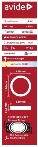 Avide LED Falra Szerelhető Kerek Mennyezeti Lámpa ALU 6W WW 3000K ACSMWW-R-6W-ALU