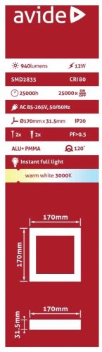 Avide LED Falra Szerelhető Négyzetes Mennyezeti Lámpa ALU 12W WW 3000K ACSMWW-S-12W-ALU