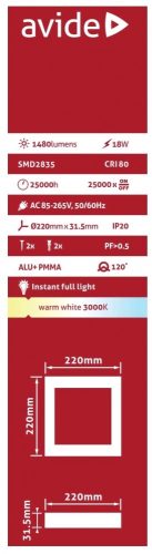 Avide LED Falra Szerelhető Négyzetes Mennyezeti Lámpa ALU 18W WW 3000K ACSMWW-S-18W-ALU
