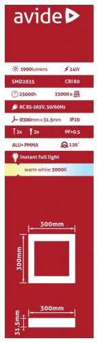 Avide LED Falra Szerelhető Négyzetes Mennyezeti Lámpa ALU 24W WW 3000K ACSMWW-S-24W-ALU