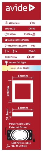 Avide LED Falra Szerelhető Négyzetes Mennyezeti Lámpa ALU 6W WW 3000K ACSMWW-S-6W-ALU