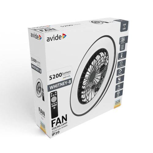 Avide Mennyezeti lámpa ventilátorral Whitney fekete, 2x24W+15W motor, távirányítóval AFCLCCT-48W-15W-WHB