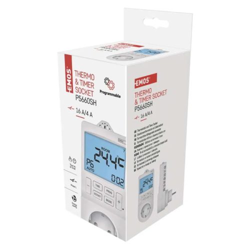 EMOS P5660SH 2 az 1-ben konnektoros, digitális termosztát időzítő funkcióval